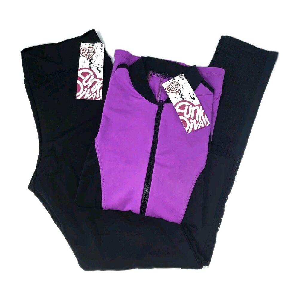 Funky Diva Women's Dancetech Side Mesh Leggings & Athletic Jacket Set Purple - Picture 10 of 14